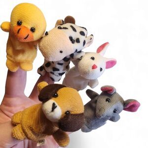 Set of 5 Animal Finger Puppets: Duck, Dog, Cow, Mouse, and Bunny, Soft Plush